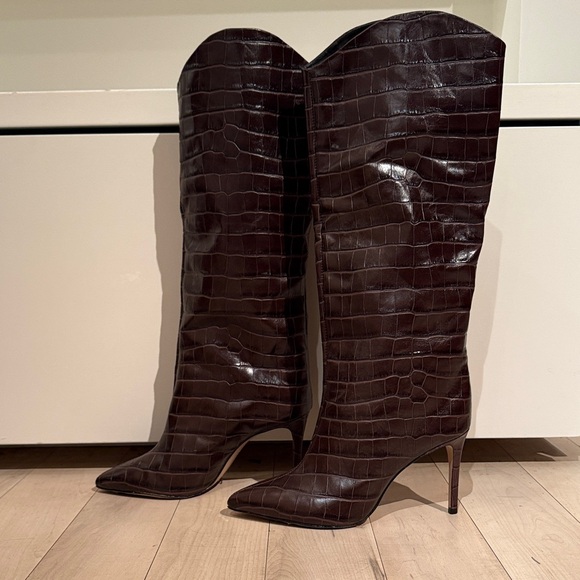 SCHUTZ Maryana Dark Brown Croc-Embossed Heeled Boots - Picture 7 of 13